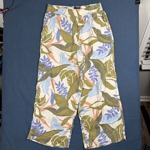 Tahari 100% Linen Tropical Floral Wide Leg Pants Size Medium Whimsical Resort